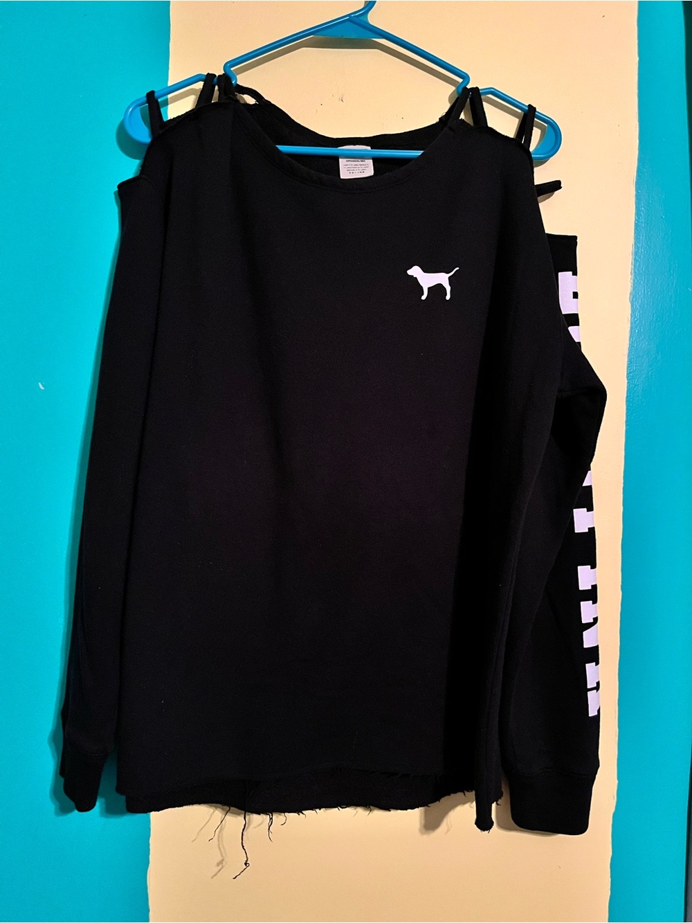 PINK Victoria's Secret Black Cut Off Shoulder Sweatshirt with White Dog Logo